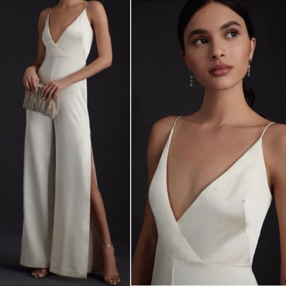 Monique Lhuillier Bridesmaids Doutzen JUMPSUIT Size 6 Wide Leg Ivory Cream NEW